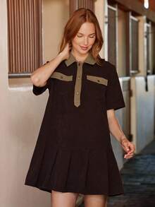 WESTFADE 前开襟短袖垂腰褶皱宽松灯芯绒迷你连衣裙女式可爱秋季连衣裙乡村音乐会服装 - 咖啡 - 查看 4