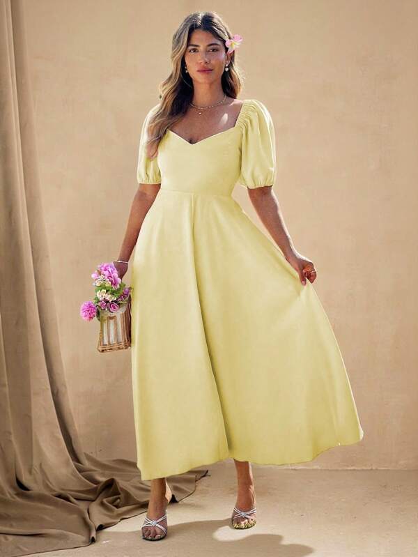 Roveilla Plus Size Chicken-Heart Neckline Puff Sleeve A-Line Elegant French Style Dress