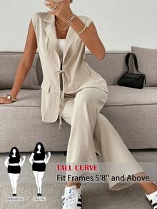 SHEIN Tall CURVE Plus Size Casual Solid Color Sleeveless Top And Wide Leg Pants 2 Pieces Suit Set Tall Curve Women Clothes Curve Pants Set Curve 2 Pieces Outfits Curve Fall Clothes Tall Curve For Women