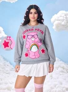 SHEIN X Care Bears 秋季大码休闲熊印花圆领落肩宽松卫衣 - 灰色 - 查看 1