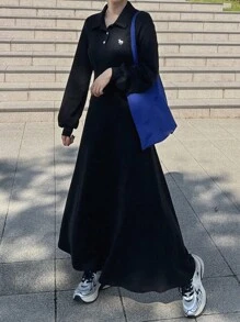 FRIFUL 女式黑色纯色领长袖收腰刺绣连衣裙，修身长裙，适合户外穿着，秋季 - 黑色 - 查看 6