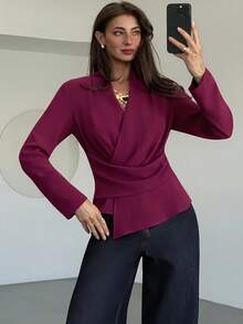 Aloruh 女士休闲/办公纯色不对称下摆裹身衬衫，适合秋季穿着，适合所有女性，秋季女装，教师款，商务休闲女装，商务休闲女装，商务休闲女装，秋季女装，酒红色深V腰部不对称褶裥显瘦气质办公通勤长袖衬衫，优雅女式衬衫，时尚女式衬衫，酒红色上衣，优雅女式衬衫 - 酒紅色 - 查看 7