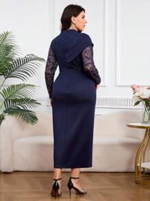 Modelyn 大码女式立领撞色蕾丝长袖开衩下摆优雅连衣裙 - 藏蓝色 - 查看 4