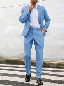 Manfinity Mode 男士淡蓝色西装两件套：修身休闲西装外套和裤子，打造时尚现代造型 - 藍色 - 查看 3
