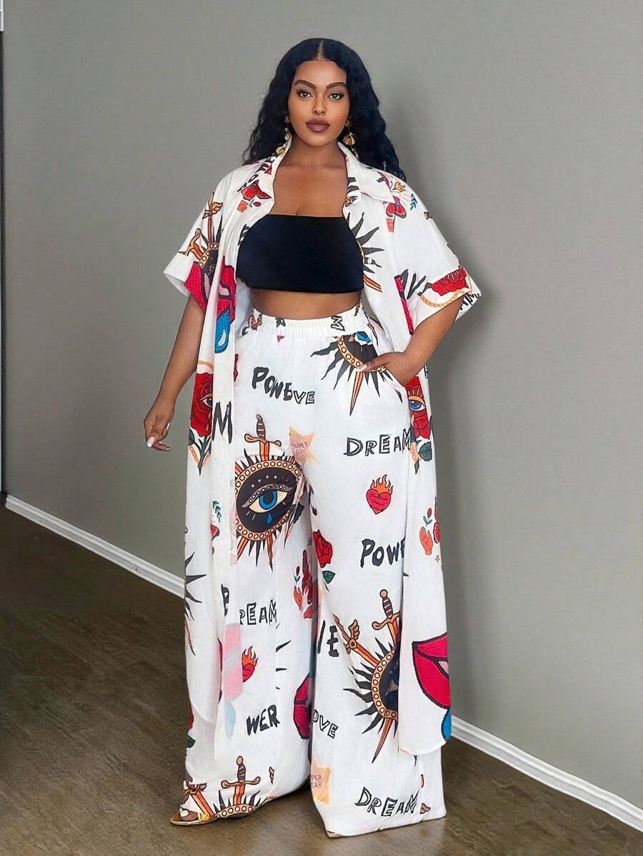 Slaydiva Plus Size Women Linen Printed Long Dress, Printed Linen Shirt, And Linen Pants Set - White - View 1