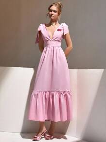 CLARA VERO Elegant Romantic Bow Shoulder Flowy Ruffle Hem Maxi Dress - Dusty Pink - View 6