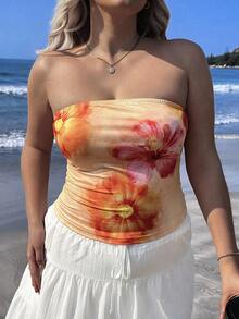 SHEIN EZwear 女士休闲简约度假热带花卉印花橙色抹胸短款上衣，适合夏季 - 白色 - 查看 9