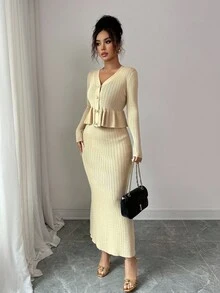 Elenzga 2pcs/Set Apricot V-Neck Ruffle Trim Cardigan And Long Dress Fall Winter Cloth For Women - Khaki - View 5