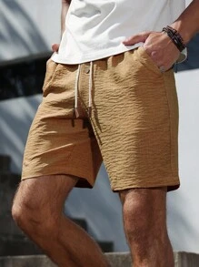 VENTUSAIL Quần short vải lanh nam mùa hè cạp chun, có túi và dây rút, quần short nam thường ngày, quần short nam màu rám nắng, quần short nam mùa hè, quần short nam có dây rút - Màu Khaki - Xem 5