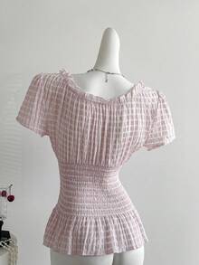 Sweetra Blusa de manga corta con efecto de cintura ceñida a rayas rosa, look dulce y juvenil para mujeres