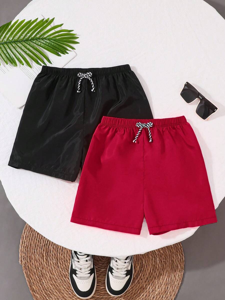 SHEIN 2 件套青少年男童纯色宽松梭织沙滩泳裤，休闲度假 - 紅色 - 查看 1