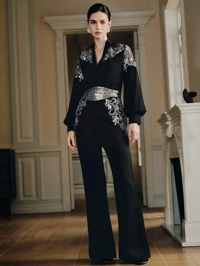 Anewsta Pärlhalsad sexig slim fit-blus och exklusiv festjumpsuit för kvinnor