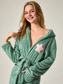 Loomlin 带腰带和大口袋的星星刺绣连帽浴袍 - 薄荷綠 - 查看 5