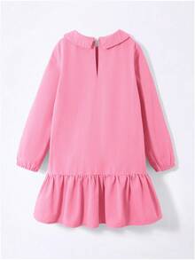 Tween Girl Fuchsia Peter Pan Collar Long Sleeve Ruffle Hem Casual Cute Sweet Pleated Dress - Hot Pink - View 2