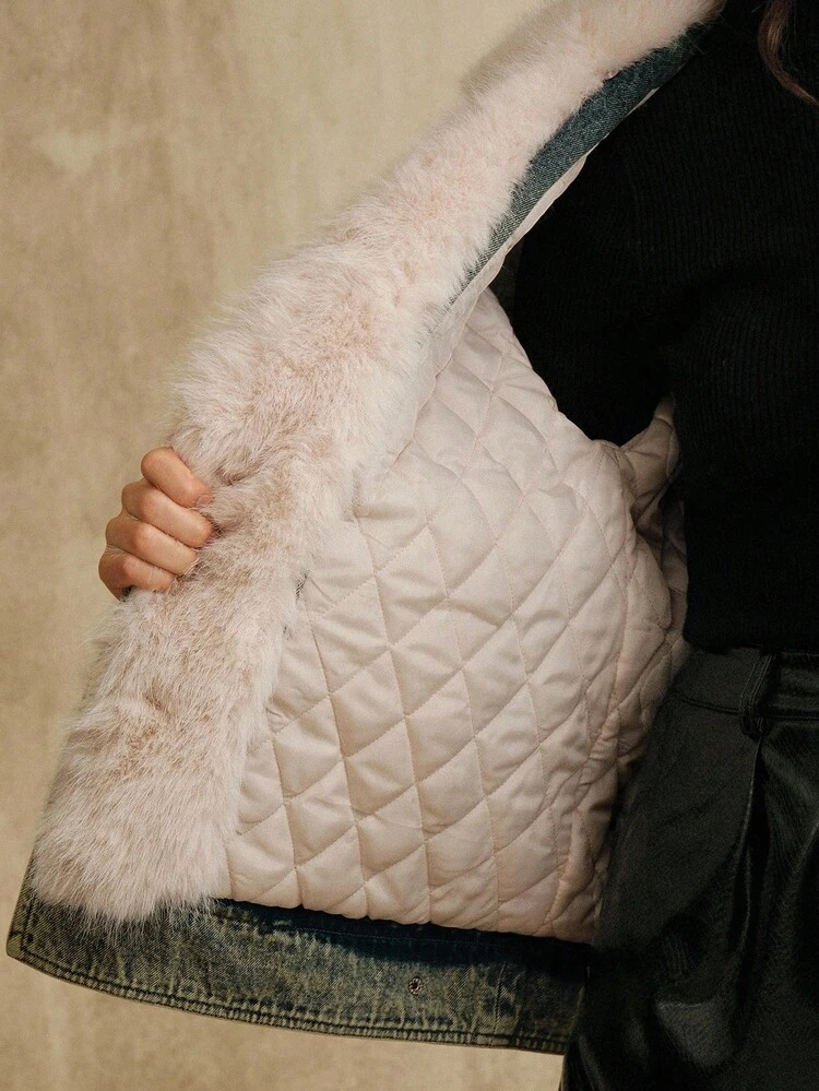 Women's Autumn/Winter Long Sleeve Patchwork Fluffy Casual Denim Jacket