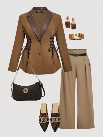 SHEIN MOD Plus Size Höst/Vinter Elegant Retro Kostym med Konstläderpaneler och Snördetaljer