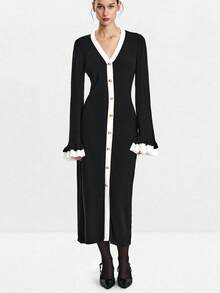 SHEIN Luminelle Váy len tay loe phối màu thanh lịch dành cho người đi làm - màu đen - Xem 3