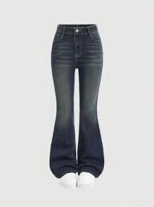 SHEIN Girlism Quần jeans ống loe dáng suông, túi, phong cách Y2K Grunge Punk Retro cho bé gái, thích hợp mặc đi học, dự tiệc mùa thu đông, thời trang đường phố vintage, quần jeans ống rộng, quần jeans thêu, quần jeans ống loe thêu. - Rửa tối - Xem 2