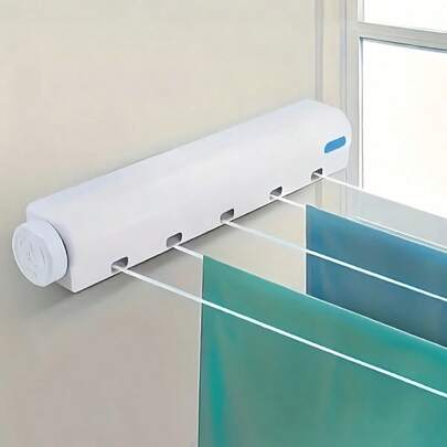 SHEIN 1pc Space Saving Retractable Clothesline With 4/5 Ropes, Wall Mounted Durable Plastic Drying Rack With Towel Bar And Hooks, Portable Clothes Drying Rack