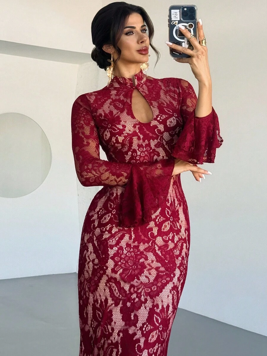 Firerie Women's Elegant Romantic Alluring Party Cocktail Dress, Burgundy Lace Hollow Design Flare Sleeve Slim Fit, Suitable For Autumn & Winter,Sexy,Red Corset,Christmas,Dresses For Women Elegant - Burgundy - View 1