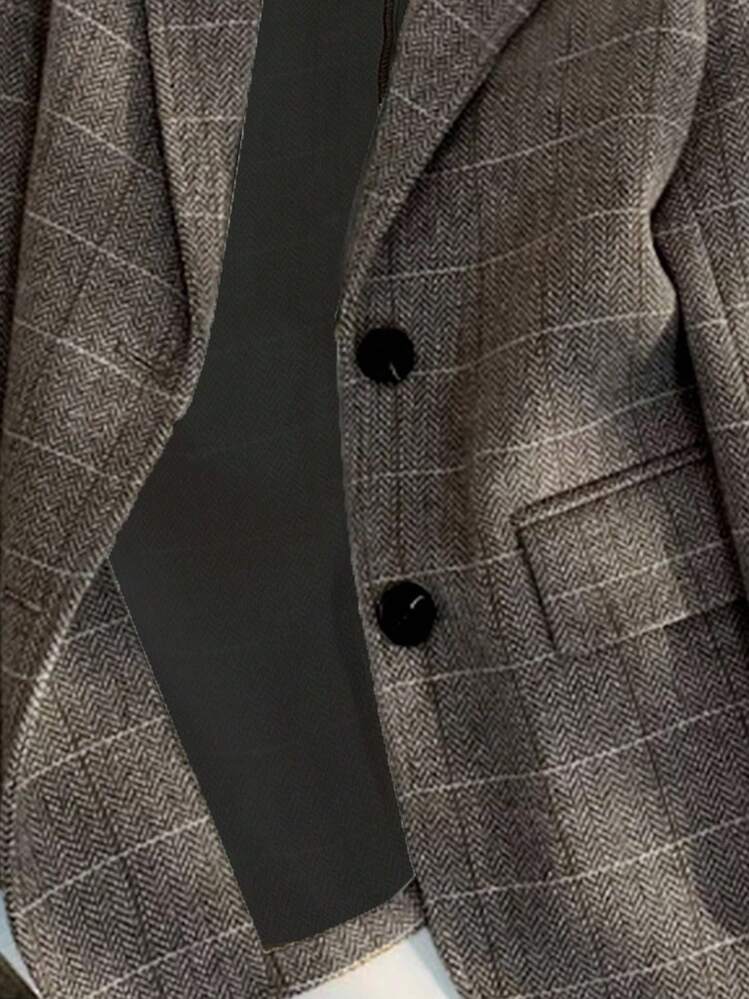 Franclia Blazer Xadrez de Manga Longa com Lapela Feminino - Marrom Claro - Visão 5