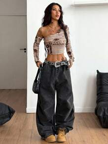 Coolane 女士秋季/四季皆宜的西部风情节日服装，报纸图案弹力不对称领口长袖露脐上衣，西部风情露脐上衣，透视款 - 杏色 - 查看 2