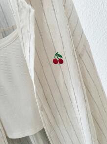 INAWLY 女士休闲条纹樱桃刺绣防晒衬衫，夏季 - 白色 - 查看 6