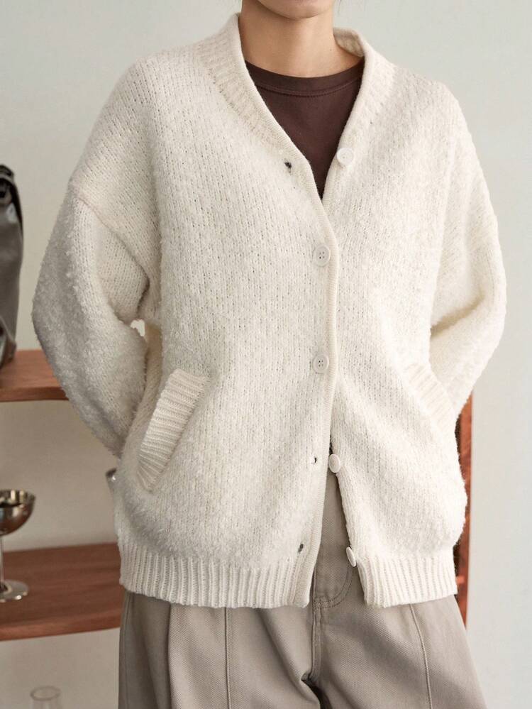 Women's Solid Color Drop Shoulder Long Sleeve Single-Breasted Casual Loose Knit Cardigan, Autumn Jacket Business Casual Woman