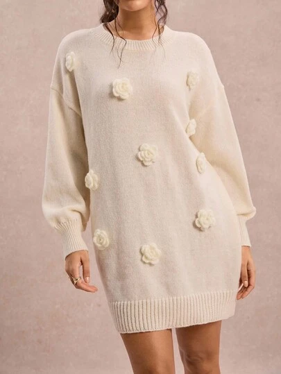 SHEIN VCAY 大码优雅纯色3D花卉装饰针织连衣裙，秋冬