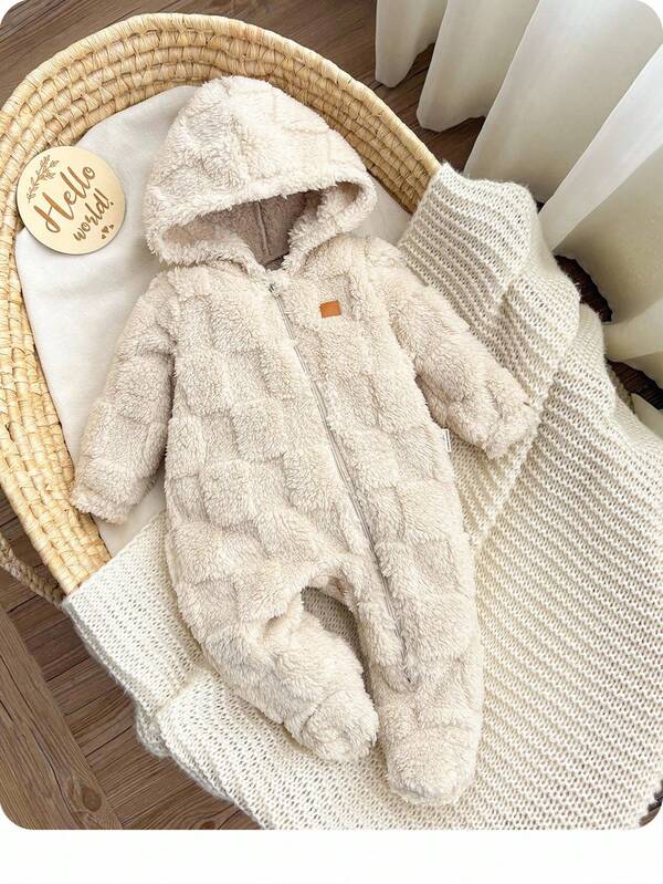 Niedlicher Neugeborenen Baby Mädchen Flauschiger Aprikose Kapuzen-Romper, Herbst/Winter