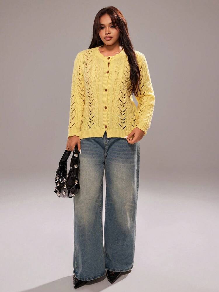 Rustia Plus Size Women Casual Crew Neck Single-Breasted Cable Knit Cardigan, Cream Yellow Fall Winter Cloth For Women Autumn - Yellow - View 6
