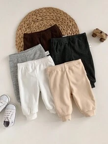 5pcs Newborn Baby Boy/Girl Casual Solid Color Elastic Waist Pants, Autumn/Winter Fall - Multicolor - View 2