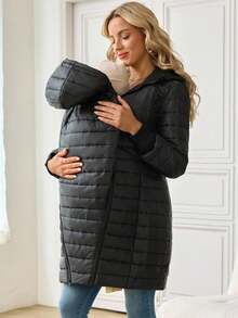SHEIN Maternity Solid Color Long Sleeve Zip-Up 3-In-1 Hooded Jacket, Autumn/Winter - Black - View 1