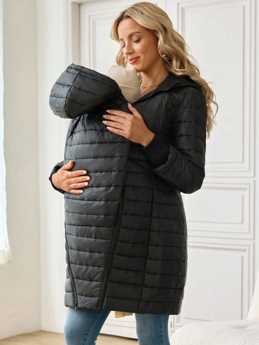 SHEIN Maternity Solid Color Long Sleeve Zip-Up 3-In-1 Hooded Jacket, Autumn/Winter - Black - View 1