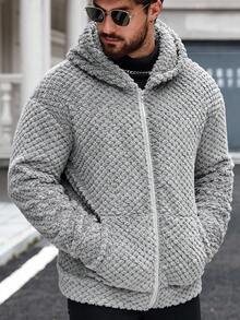 Manfinity CasualCool Men's Solid Color Long Sleeve Zip-Up Fleece Hooded Jacket, Autumn/Winter Men Sherpa Jacket Grey Zip Up Hoodie Men Men Fuzzy Jacket Teddy Bear Jacket Men - Dark Grey - View 4