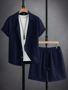 Manfinity RelaxMax 男士夏季纯色短袖单排扣衬衫短裤休闲西装 - 藏蓝色 - 查看 1