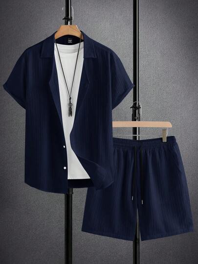 Manfinity RelaxMax 男士夏季纯色短袖单排扣衬衫短裤休闲西装