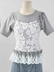 FRIFUL Débardeur femme 2 en 1 avec patchwork en dentelle, nœud, ourlet à volants et manches courtes, col rond, pour l'été - Gris - Voir 1