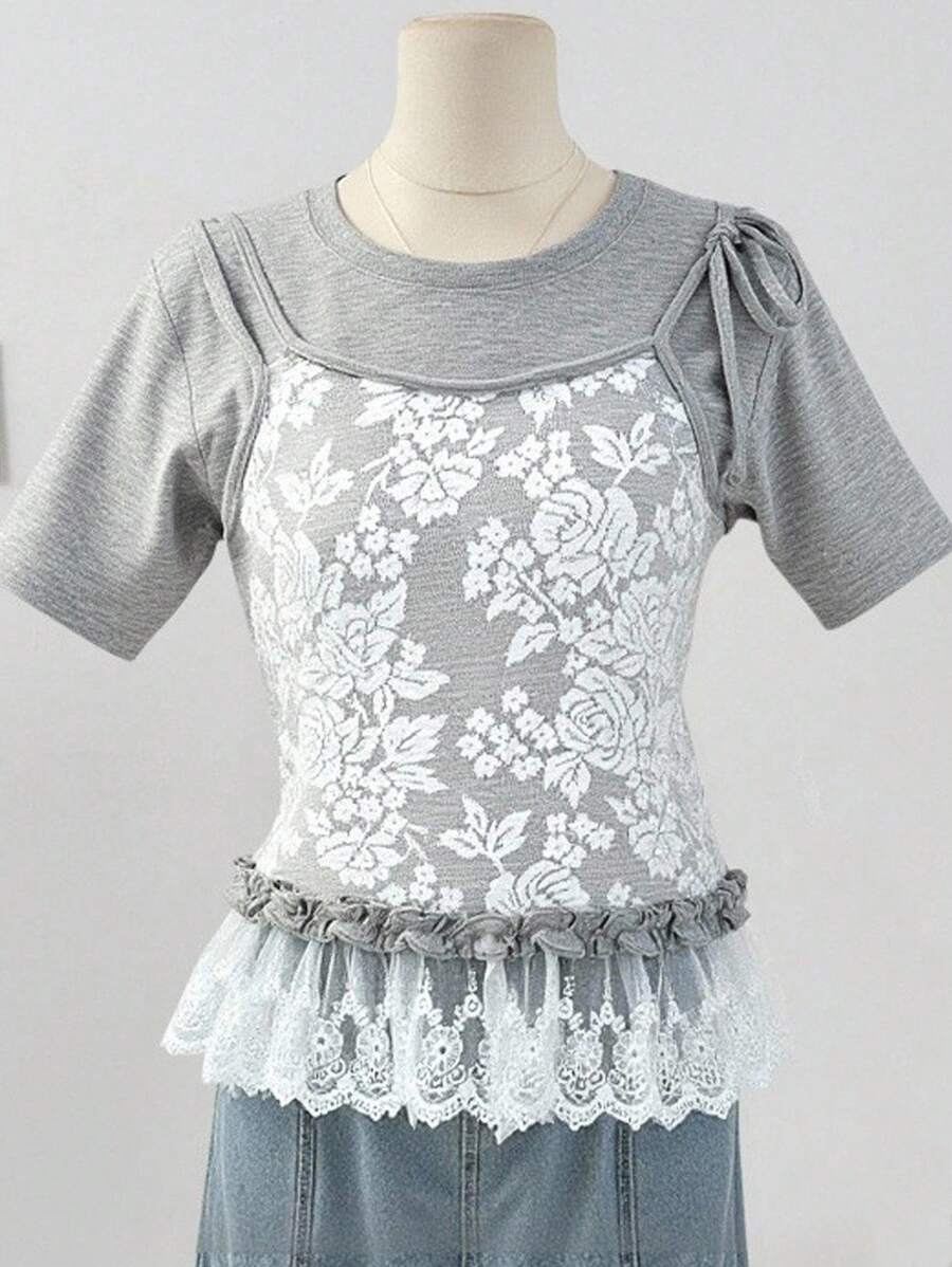 FRIFUL Débardeur femme 2 en 1 avec patchwork en dentelle, nœud, ourlet à volants et manches courtes, col rond, pour l'été - Gris - Voir 1