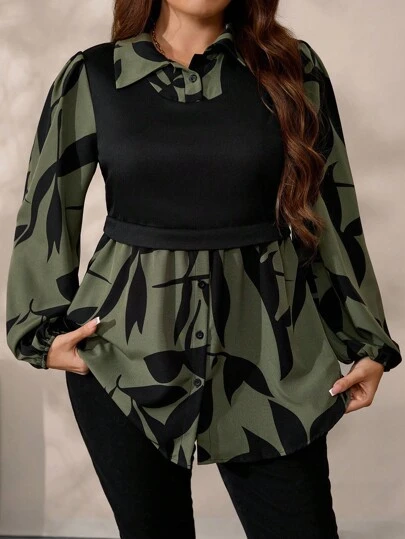 EMERY ROSE Plus Size Women's Black Knit Patchwork Floral Print Casual Pullover Top, Autumn/Winter Fall Cloth For Women