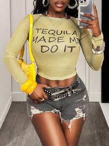 BamGleam Áo thun nữ cổ tròn tay raglan in khẩu hiệu, dáng ôm, cắt cúp - Màu vàng - Xem 5