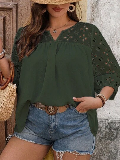 Breezaya Plus Size Casual Vacation Summer Patchwork Hollow-Out 3/4 Sleeve Pullover Shirt