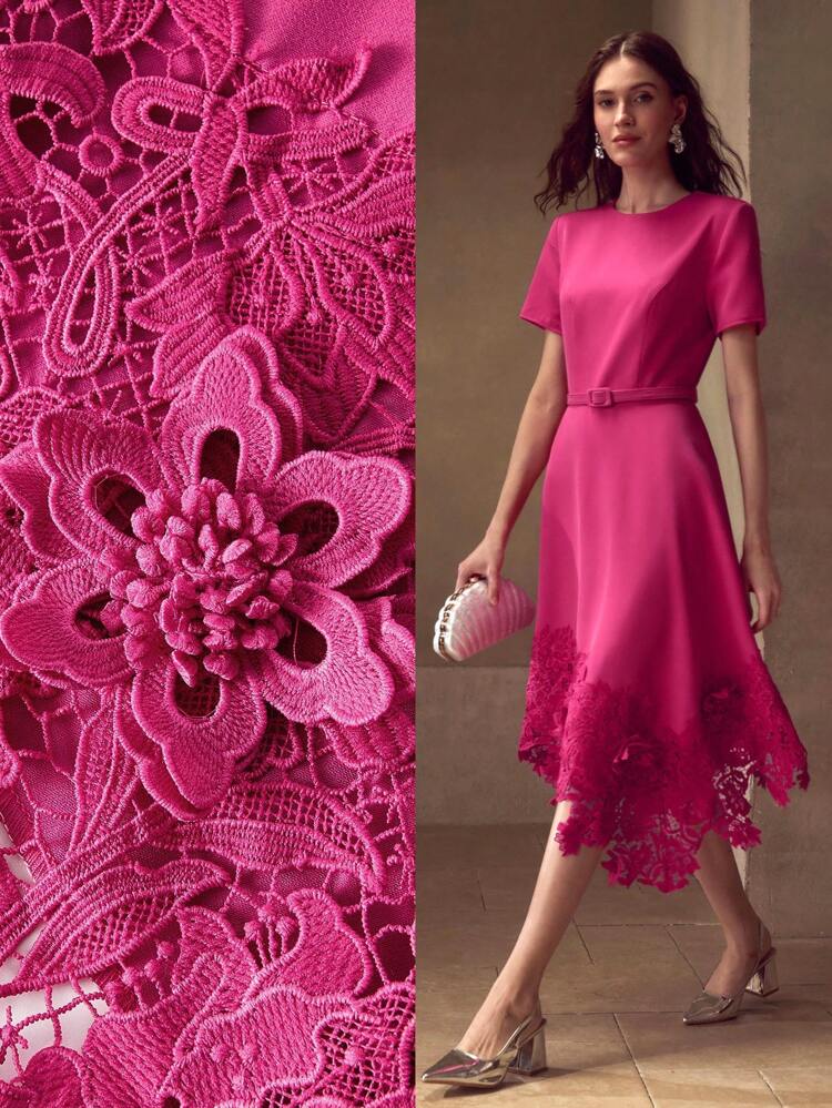 CONTRAST GUIPURE LACE HEM BUCKLE BELTED SHORT DRESS