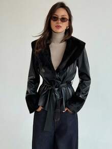 Aloruh 时尚百搭的秋冬通勤羊毛夹克 - 黑色 - 查看 4