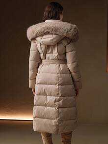 Anewsta 女士优雅束腰中长款蓬松可拆卸人造毛领绗缝拉链夹棉大衣，杏色 - 杏色 - 查看 7