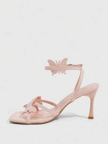 CUCCOO SZL 女士蝴蝶元素高跟凉鞋，多带交叉设计，方头，细高跟，踝带，浅金色 PU 金属材质，性感高跟凉鞋