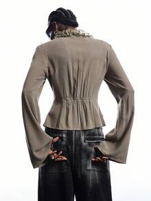 LYSMO 2025 New Arrive Minimalism Fall Women's Solid Color Multi-Layer Frill Trim Front Tie Long Sleeve Fashionable Blouse - Army Green - View 2