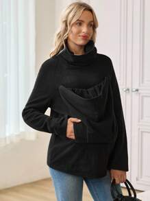 SHEIN Maternity Solid Color Cowl Neck Raglan Sleeve Long Sleeve Casual Sweatshirt, Autumn - Black - View 6