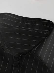 EMERY ROSE 休闲百搭时尚长袖单排扣翻领条纹女式衬衫，随机花卉图案 - 黑與白 - 查看 4