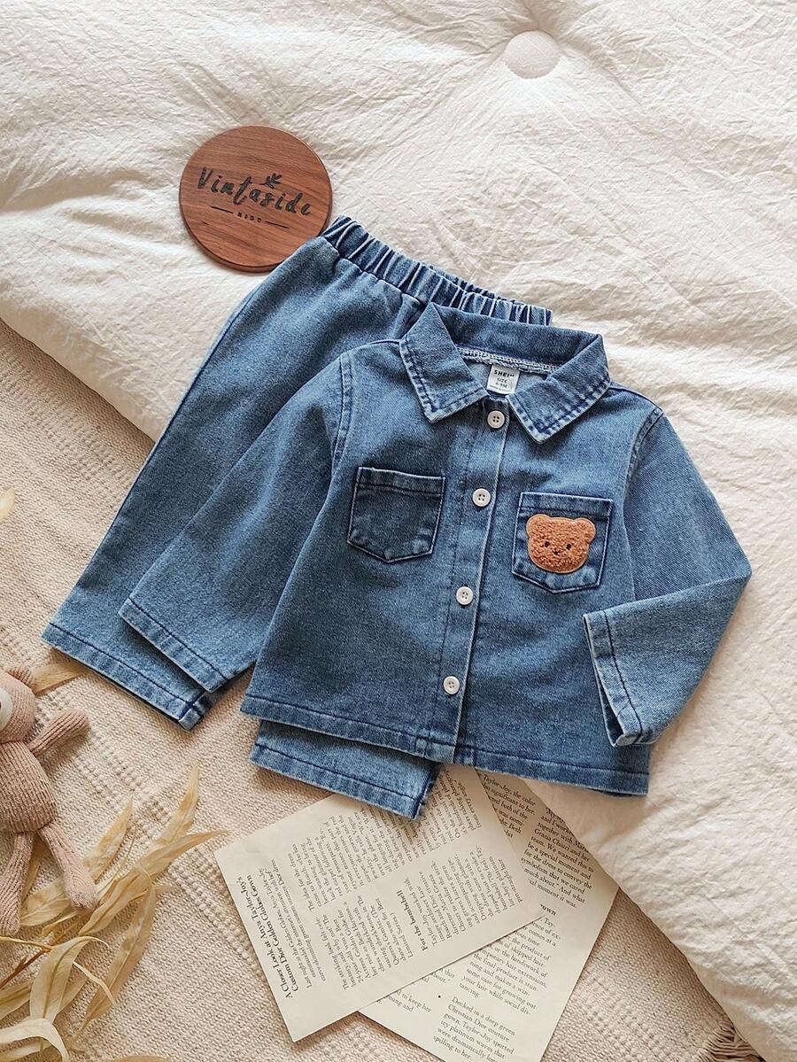 Vintaside Kids Bộ 2 áo khoác denim tay dài cổ xanh thời trang cho bé trai, áo sơ mi và quần dài, họa tiết thêu hình gấu, phù hợp mặc thường ngày mùa thu/đông - Rửa nhẹ - Xem 1
